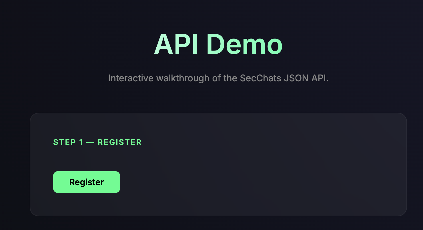 Step 1 — Registration complete, userId and authToken displayed