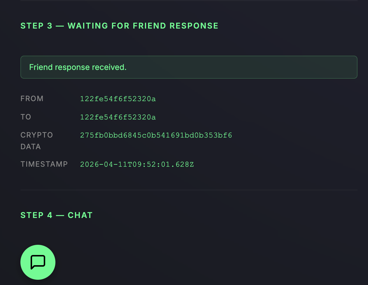 Step 3 — Friend response received and displayed