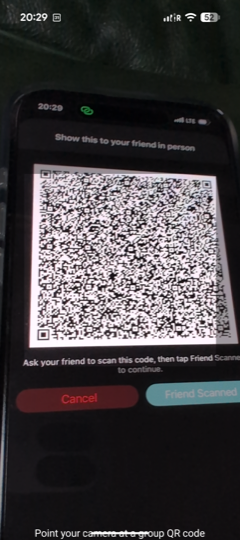 Bob's phone scanning Alice's QR through the camera view