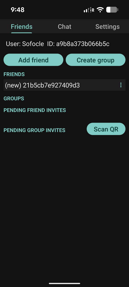 A newly accepted friend appears in the Friends list