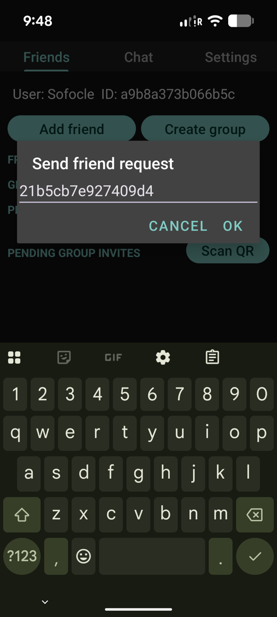 Sending a friend invite by entering a Secure Chats ID