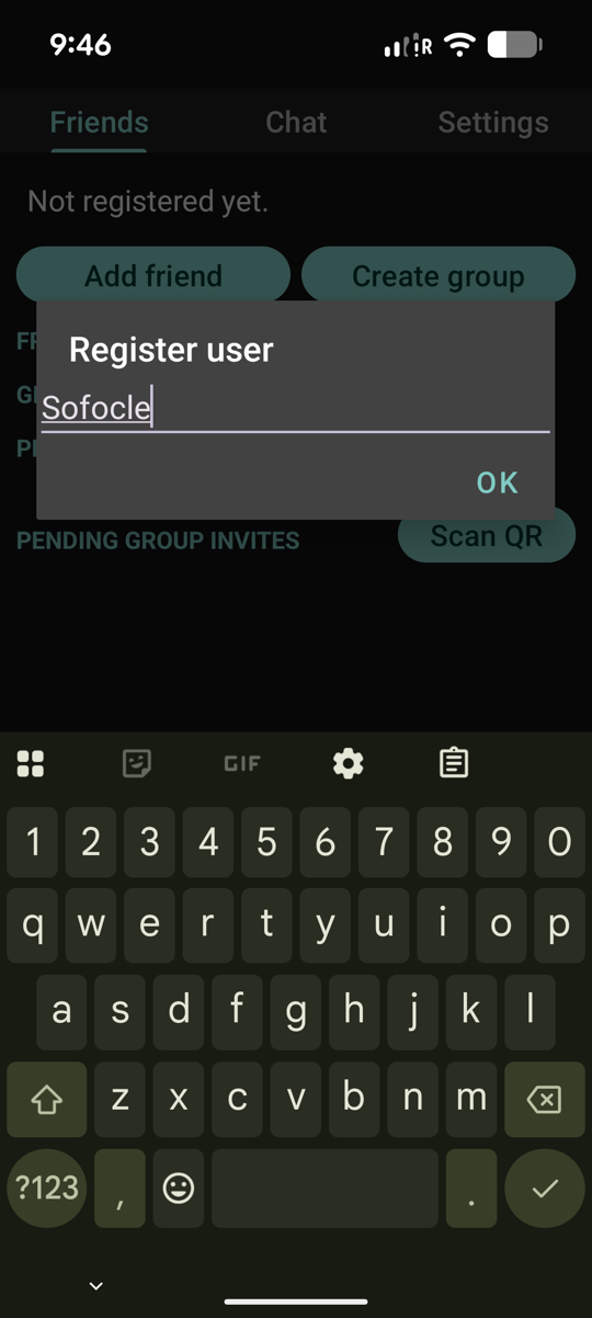 The registration screen of the Secure Chats Android app, asking for a nickname